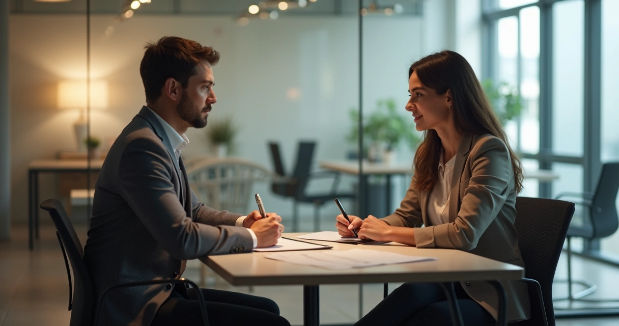 Gestor conversando com estagiário em reunião individual no escritório 