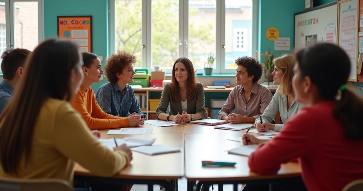 Grupo de pessoas conversando em círculo em sala colorida, papéis sobre a mesa