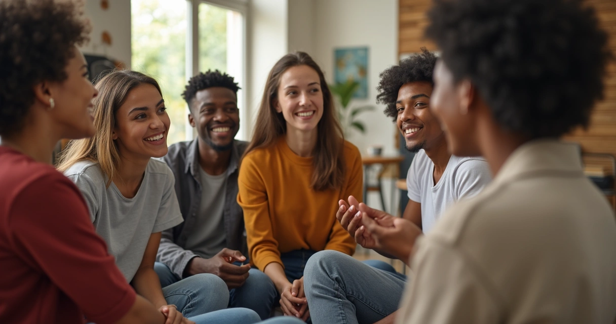 Pessoas de diferentes origens conversando em círculo, sorrindo e ouvindo com atenção. 