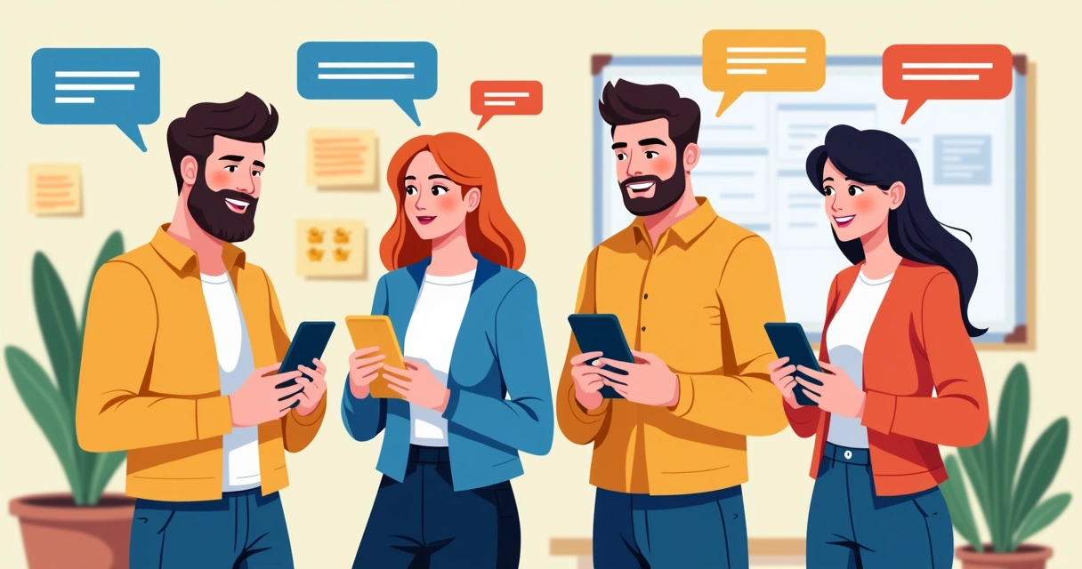 Quatro pessoas trocando mensagens no celular animadas em sala de escritório 