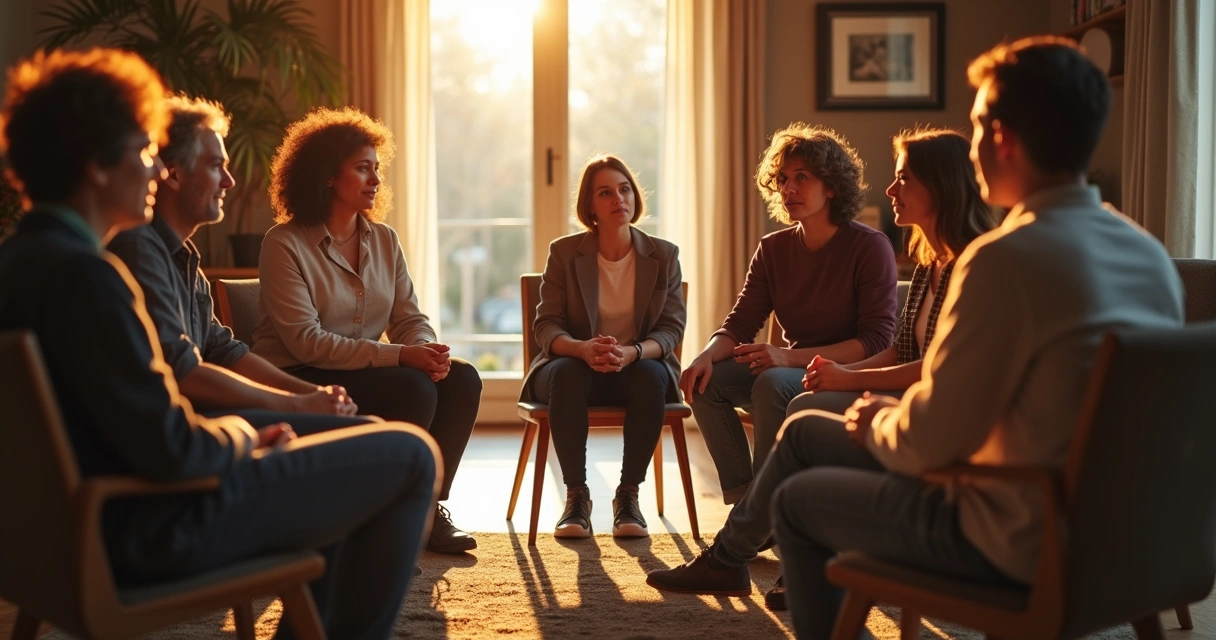 Grupo de pessoas conversando em círculo em ambiente confortável 