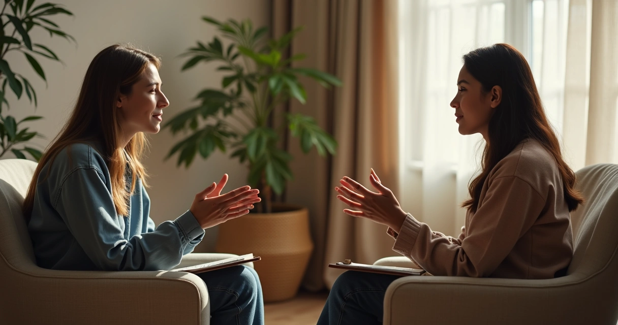Duas pessoas conversando com atenção em ambiente calmo e acolhedor
