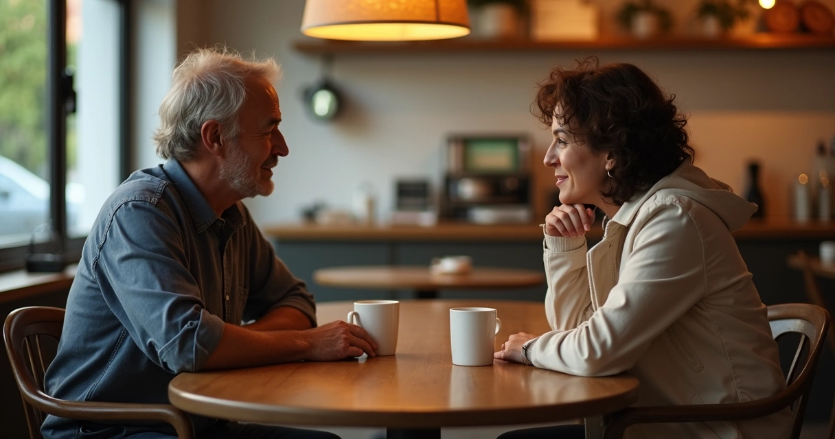 Dois amigos sentados em um café, conversando de forma sincera 