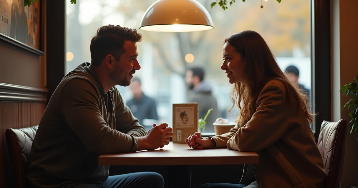Duas pessoas conversando de forma honesta em uma cafeteria