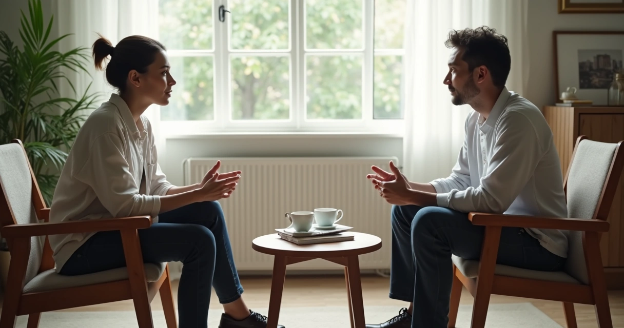 Duas pessoas conversando com atenção em ambiente claro 