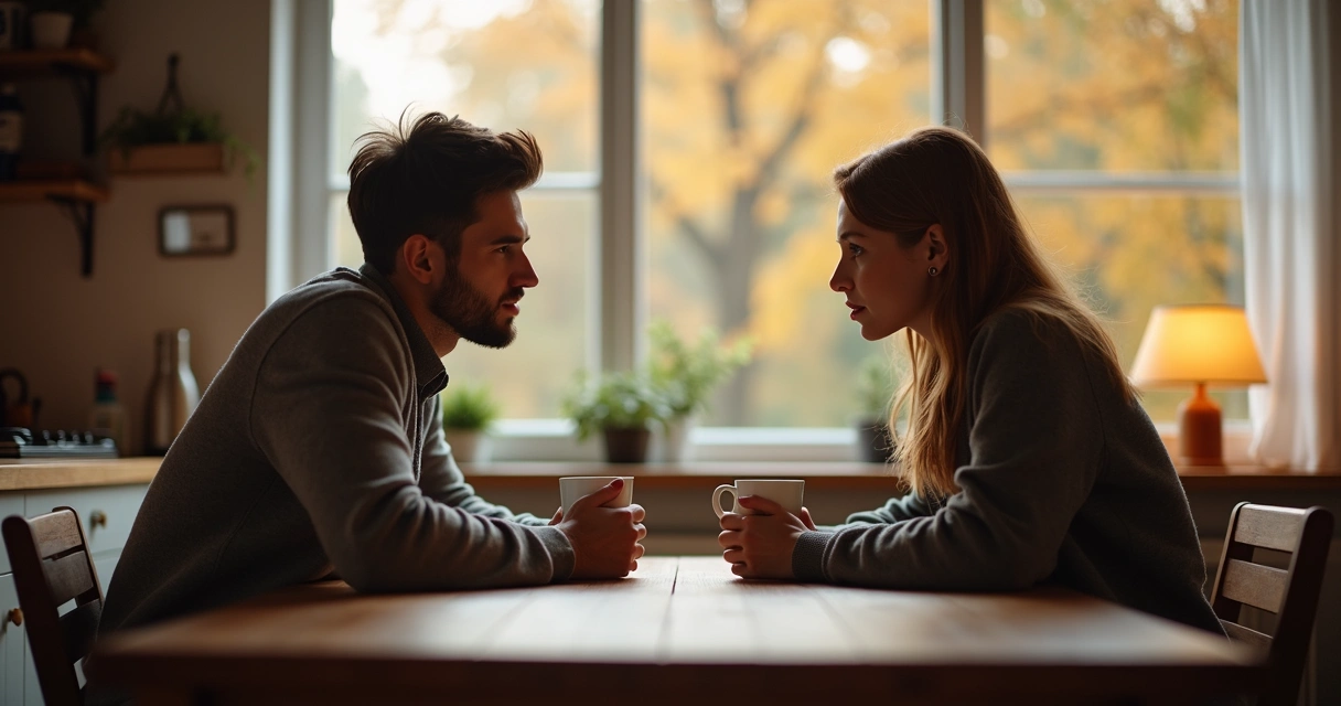 Casal sentado à mesa conversando e olhando nos olhos, ambiente calmo e aconchegante