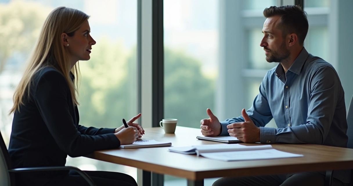Colegas sentados frente a frente, discutindo em mesa de reunião. 