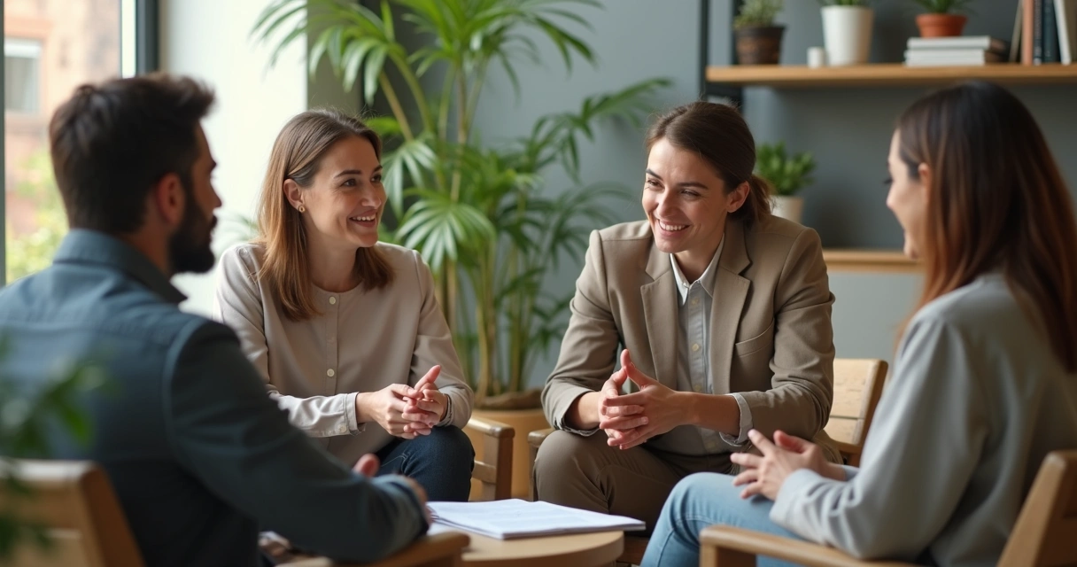 Equipe em conversa aberta e respeitosa no escritório 
