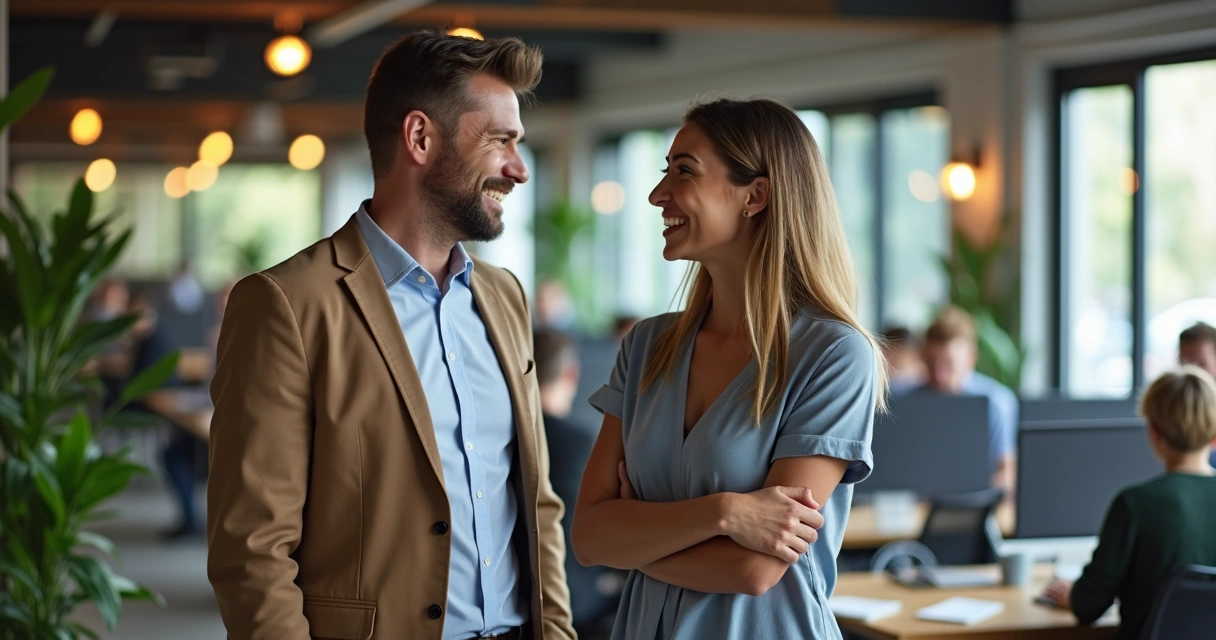 Dois colegas sorrindo conversando em pé, com clima descontraído de escritório