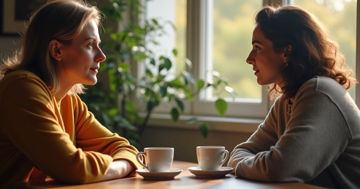 Duas pessoas conversando frente a frente em uma mesa, com expressões sinceras e focadas.