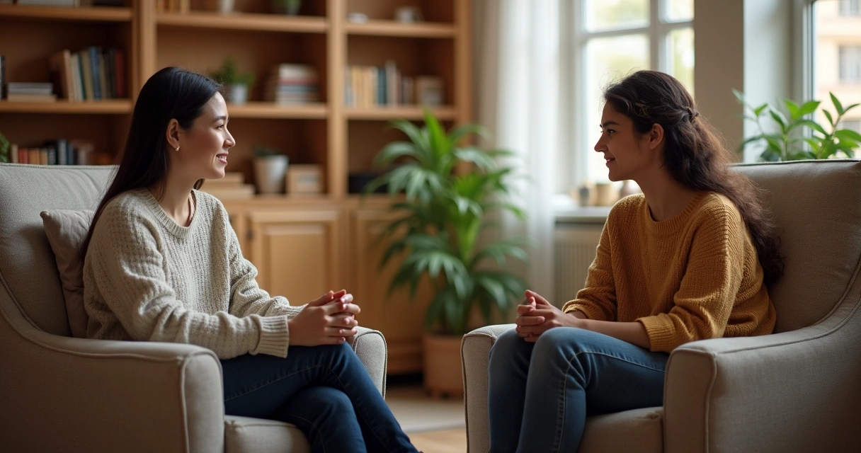 Duas pessoas conversando sentadas frente a frente, em ambiente acolhedor, olhando-se nos olhos.