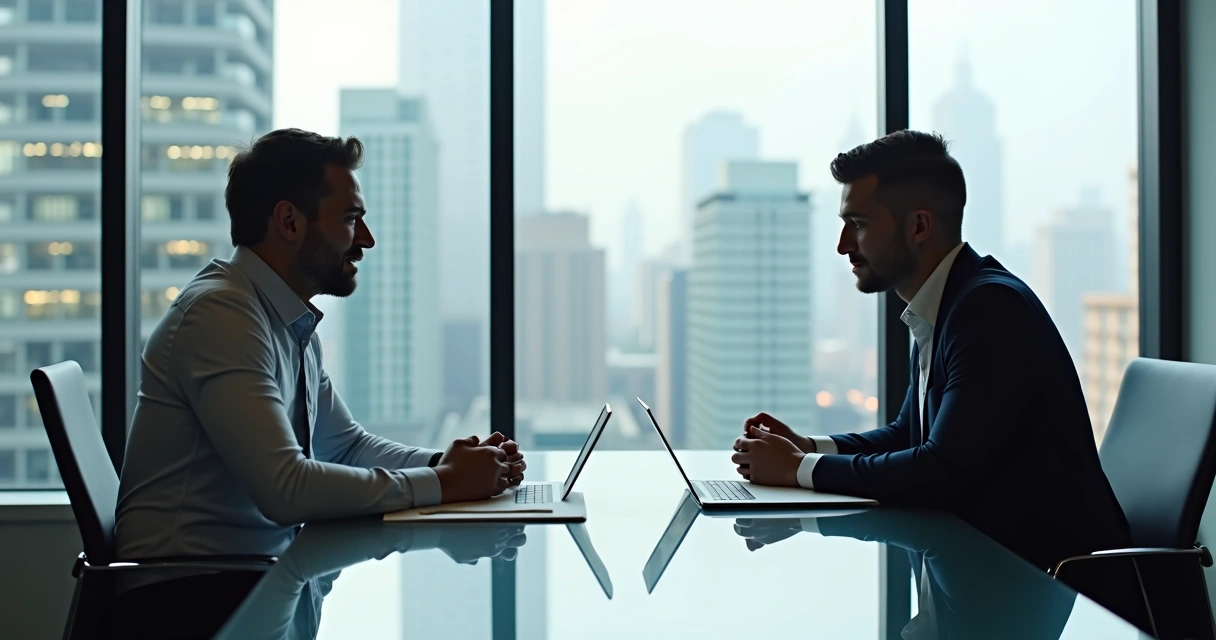 Dois colegas conversando em uma sala de reuniões profissional