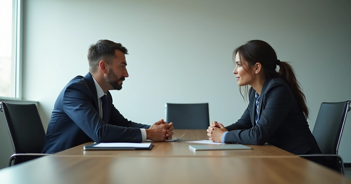 Duas pessoas tendo uma conversa honesta em uma sala de reunião 
