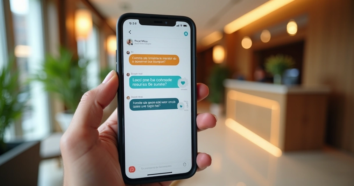 Tela de celular com conversa de hóspede sobre hotel 