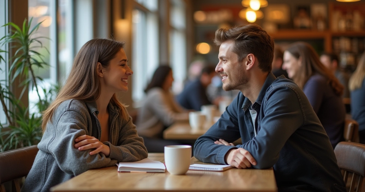 Duas pessoas em uma cafeteria conversando de forma descontraída em frente a xícaras de café 