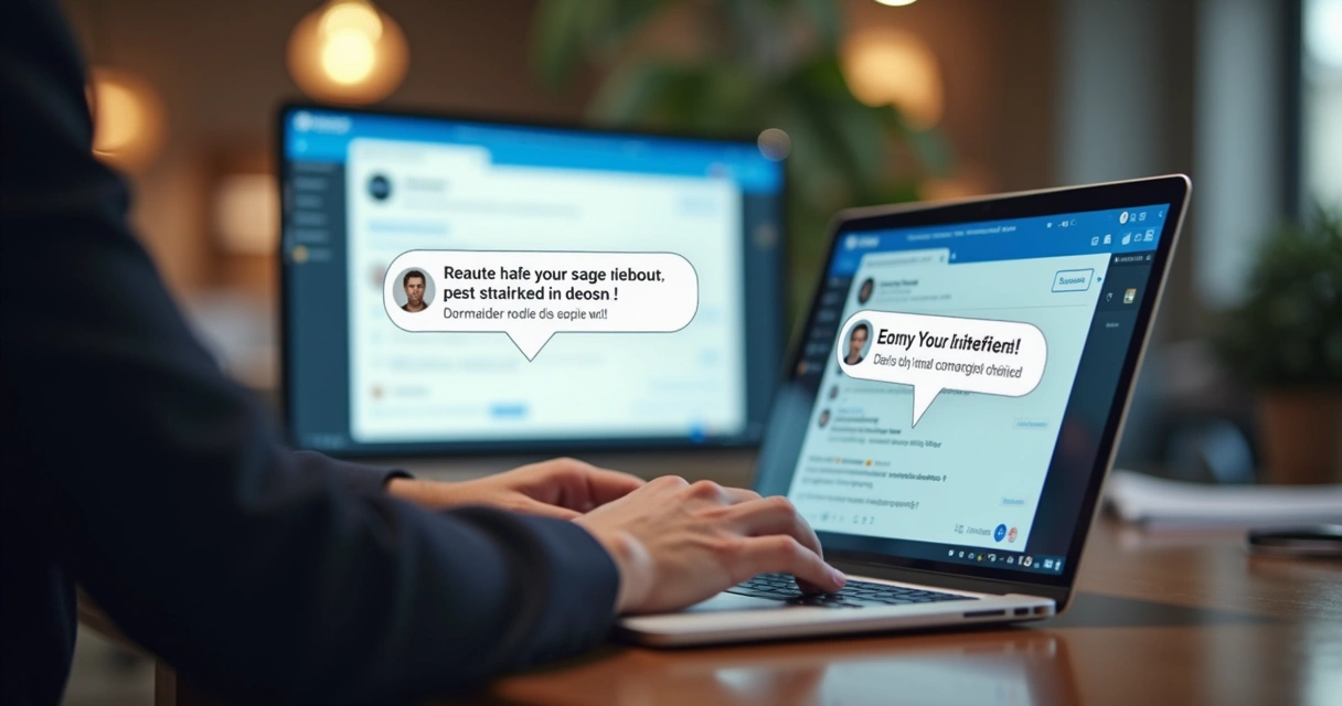 Ilustração de um profissional conversando pelo LinkedIn com mensagens automáticas e uma interação pessoal.