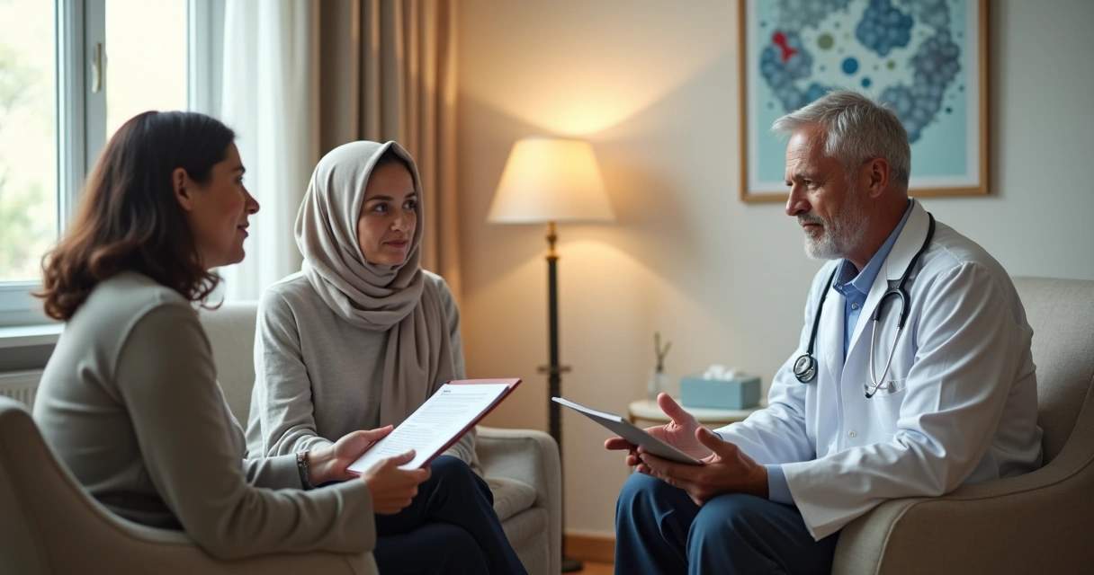 Hematologista conversando de forma acolhedora com paciente oncológico e familiar em sala de atendimento humanizada 