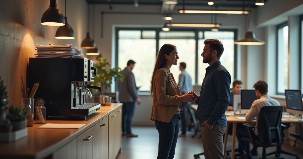 Colaboradores conversando ao lado da máquina de café em escritório. 