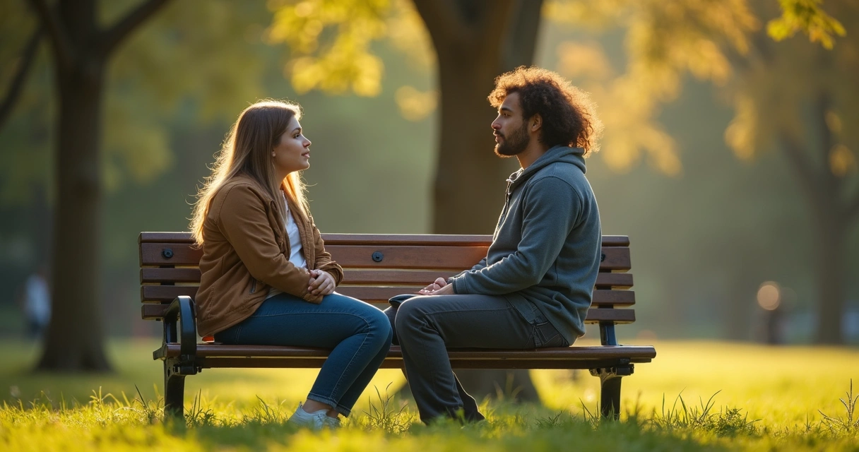 Dois amigos conversando em um banco de praça durante o dia 