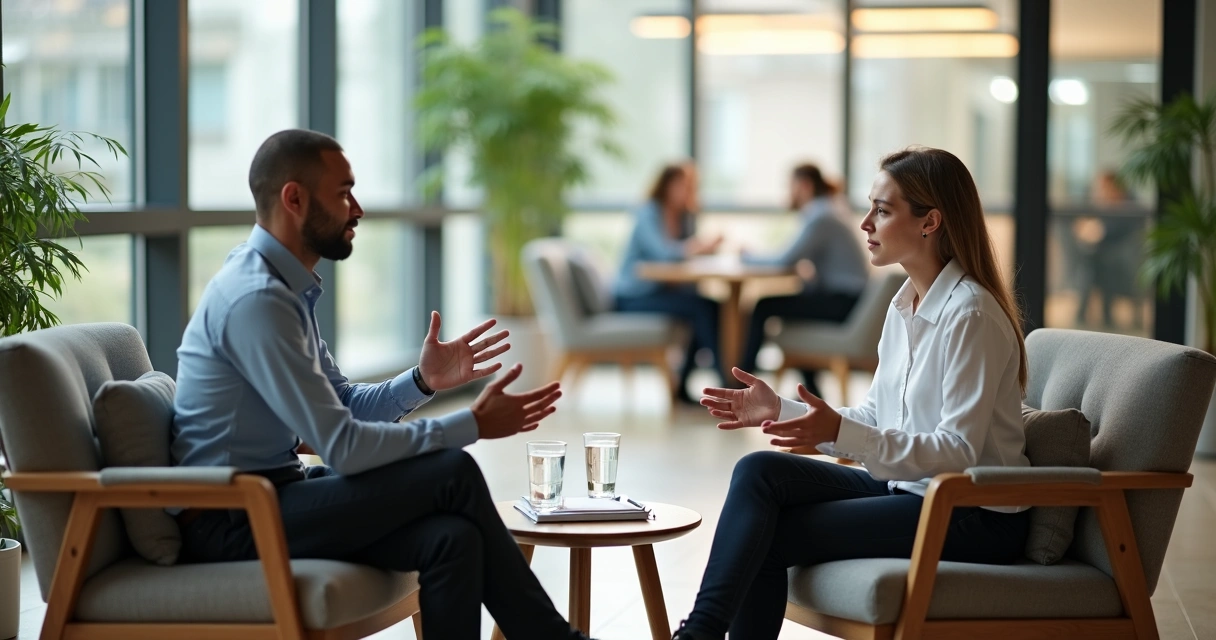 Duas pessoas conversando com conexão e empatia em ambiente de trabalho moderno 