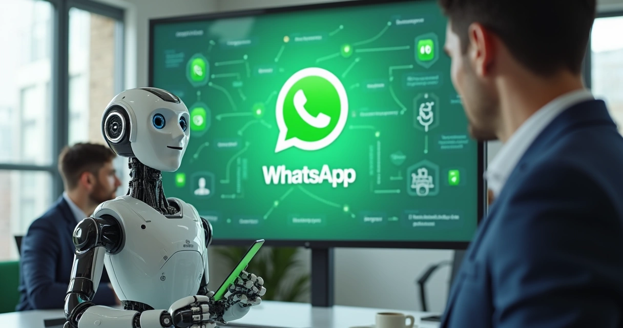 Chatbot conversacional inteligente interagindo com clientes no WhatsApp, interface moderna em fundo claro