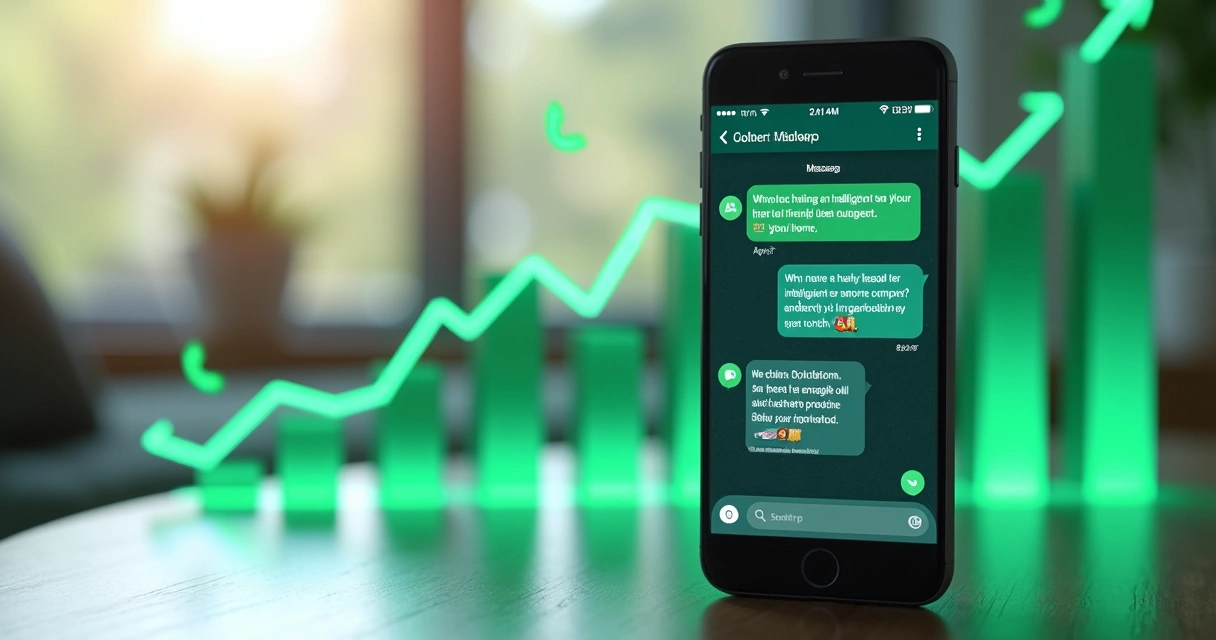 Tela de smartphone exibindo conversa inteligente e personalizada no WhatsApp com gráficos de crescimento ao fundo 