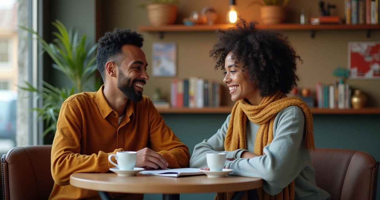 Duas pessoas de diferentes culturas conversando em uma cafeteria 