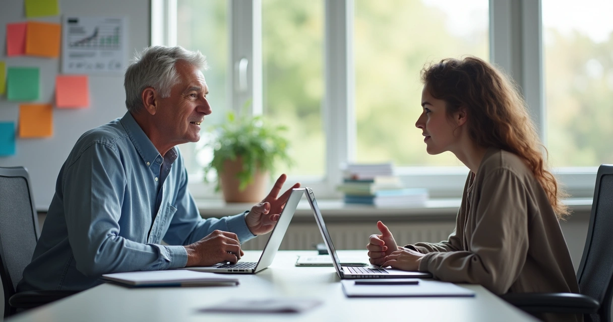 Duas pessoas de gerações diferentes conversando em uma mesa de trabalho moderna 