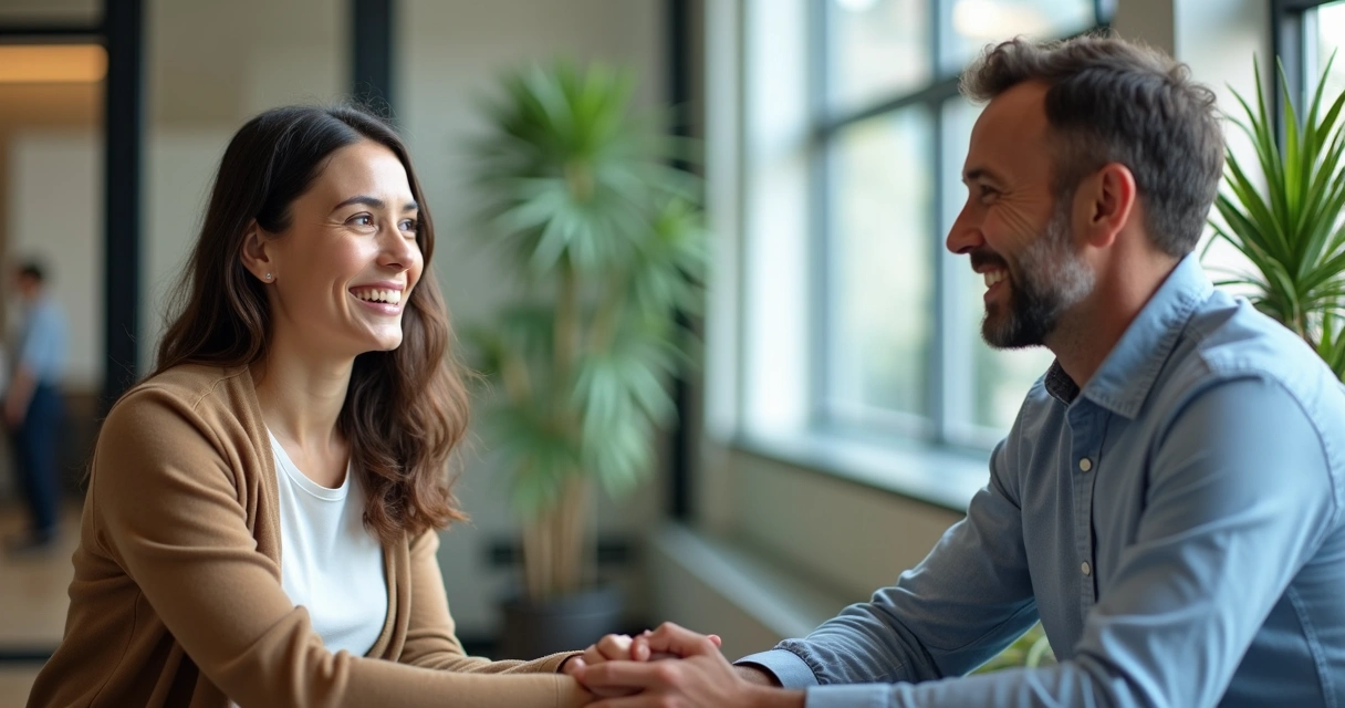 Dois colegas, um mais velho e um mais jovem, conversando sorrindo em ambiente de escritório 
