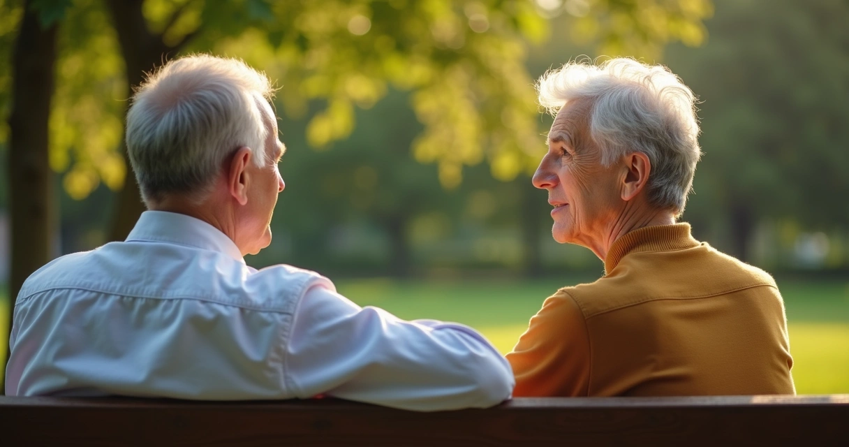 Duas pessoas de gerações diferentes conversando com expressão reflexiva, sentadas em um parque