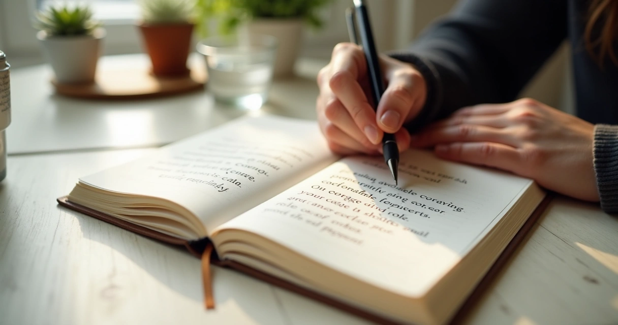 Pessoa escrevendo afirmações conscientes em caderno