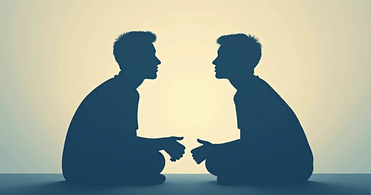 Duas silhuetas humanas sentadas frente a frente dialogando, representando diálogo interno