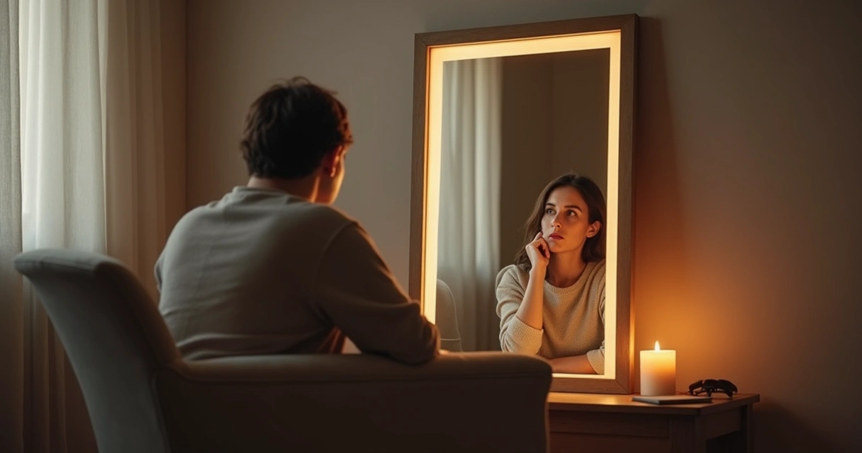 Pessoa sentada em frente ao espelho em reflexão tranquila 