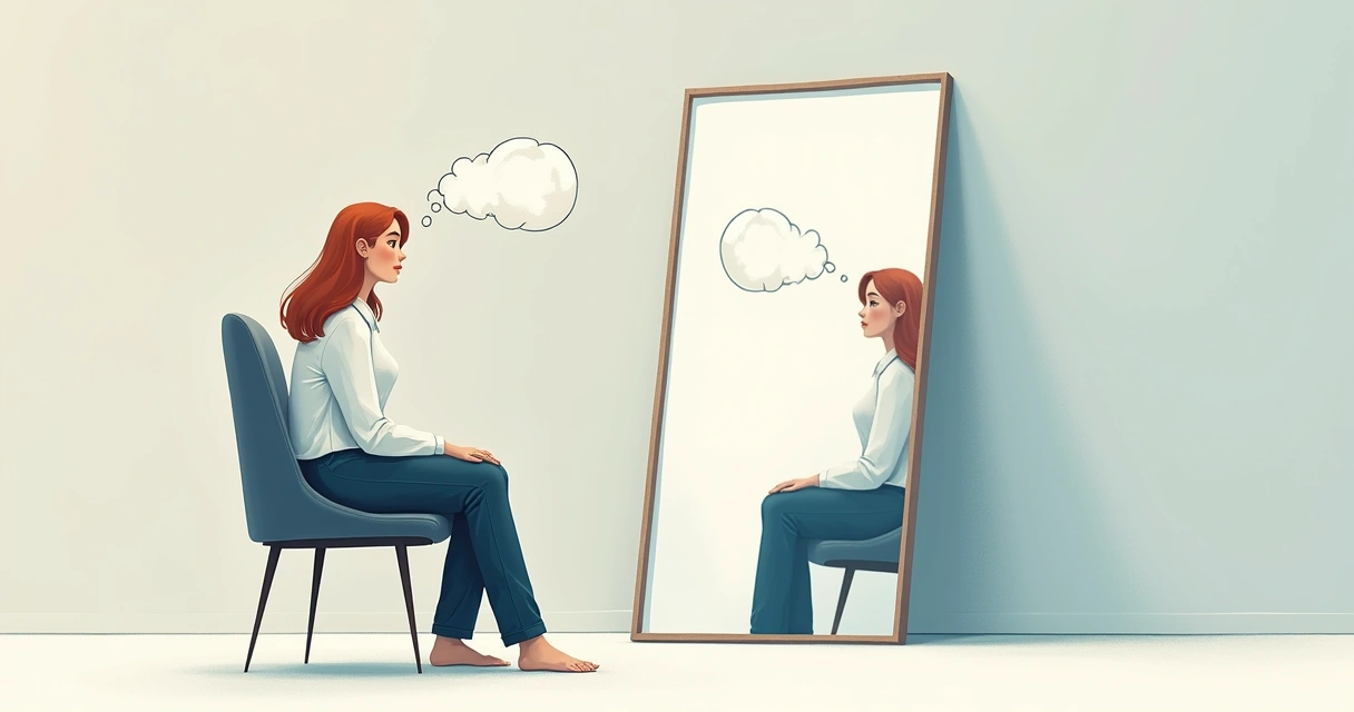 Ilustração de uma pessoa olhando para si mesma em um espelho, simbolizando um diálogo interno