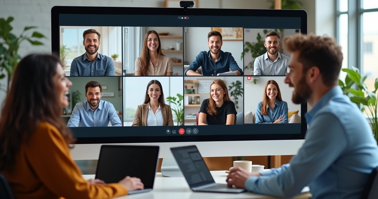 Colegas conversando em videoconferência internacional, tela dividida com diferentes estilos de fundo 