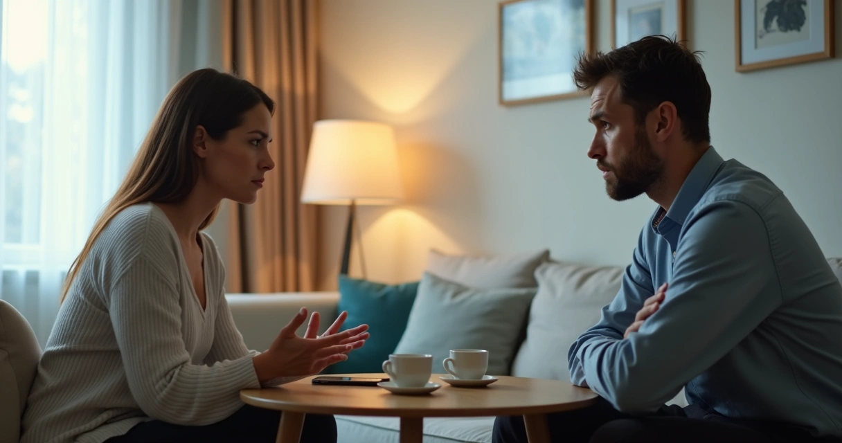 Casal em diálogo com expressões emocionais confusas em sala de estar moderna 