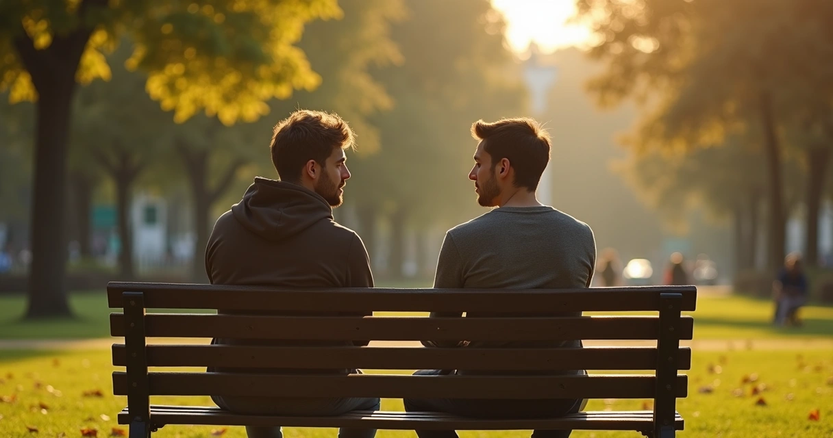 Dois amigos sentados conversando, um distraído olhando para longe 