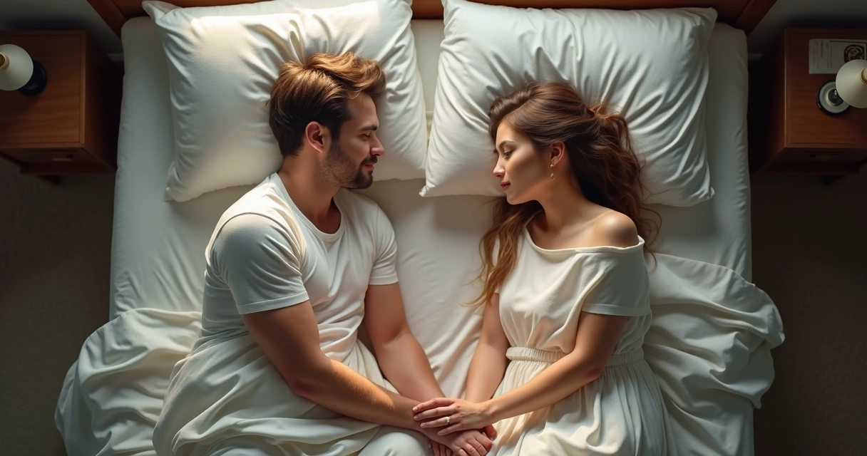 Casal deitados segurando mãos em conversa íntima 