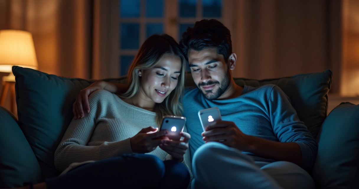 Casal usando aplicativo de conversa com símbolos de cadeado 