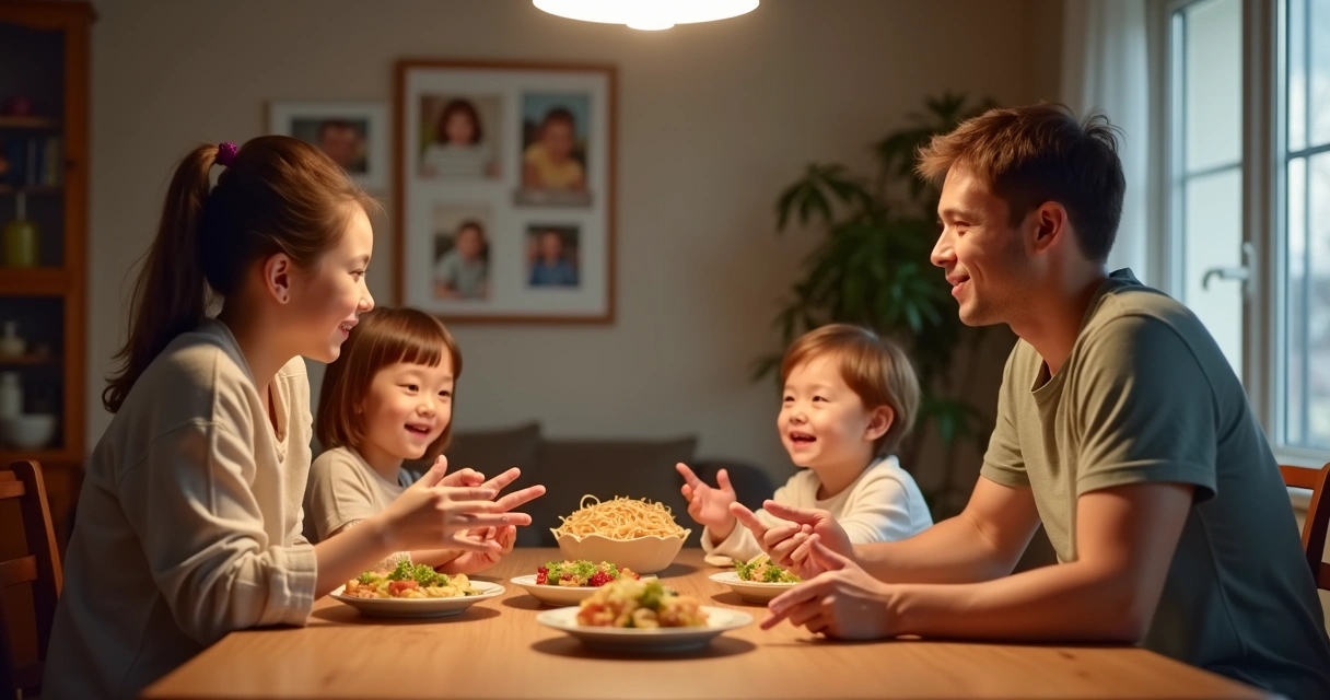 Família sentada ao redor de uma mesa de jantar conversando 