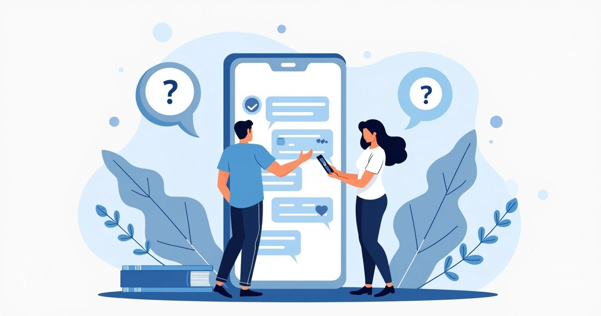 Ilustração flat corporativa de duas pessoas conversando por mensagens em smartphone, com balões de diálogo contendo perguntas e ícones de legado digital no fundo 