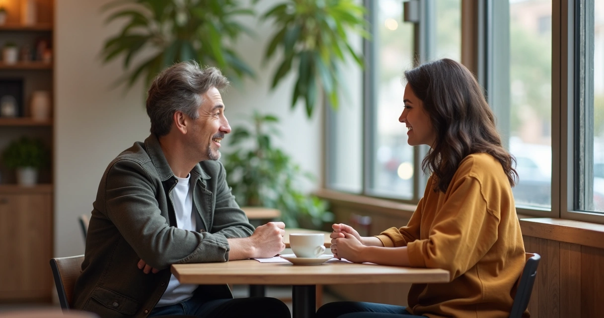 Duas pessoas conversando com leveza em uma mesa de café