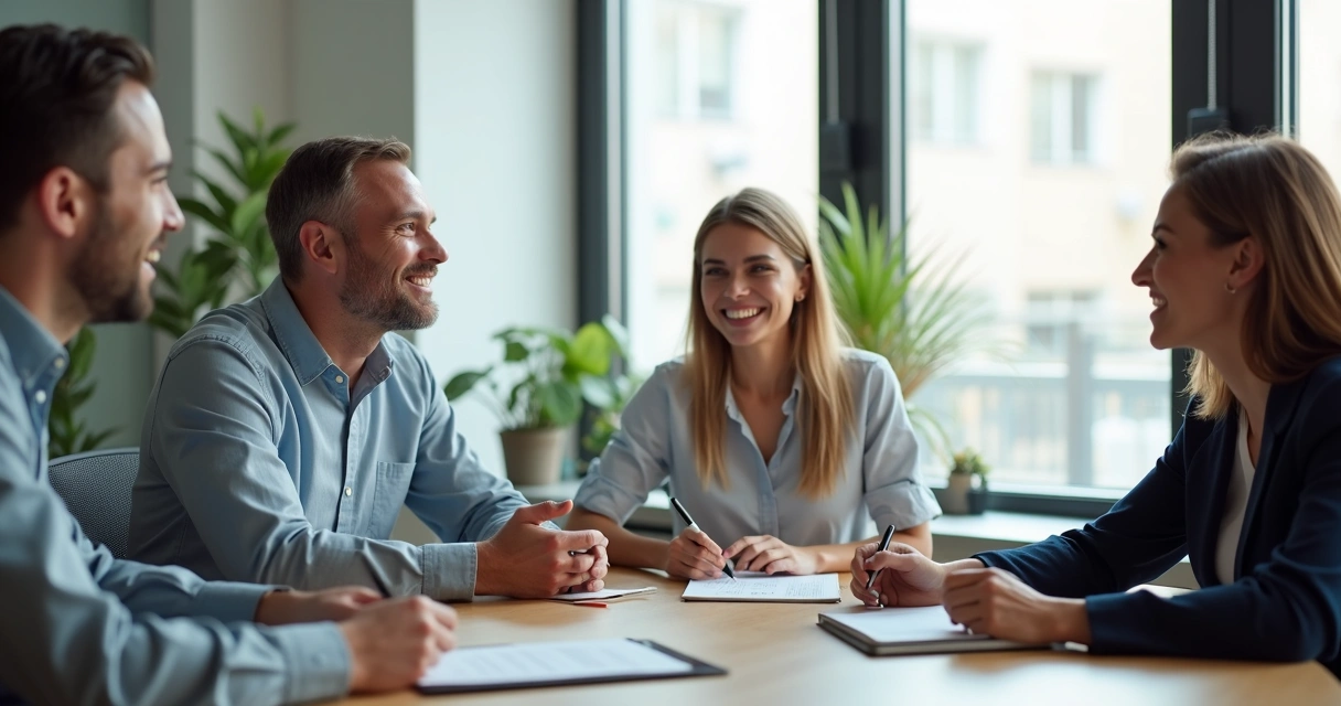 Grupo em conversa leve durante reunião de trabalho
