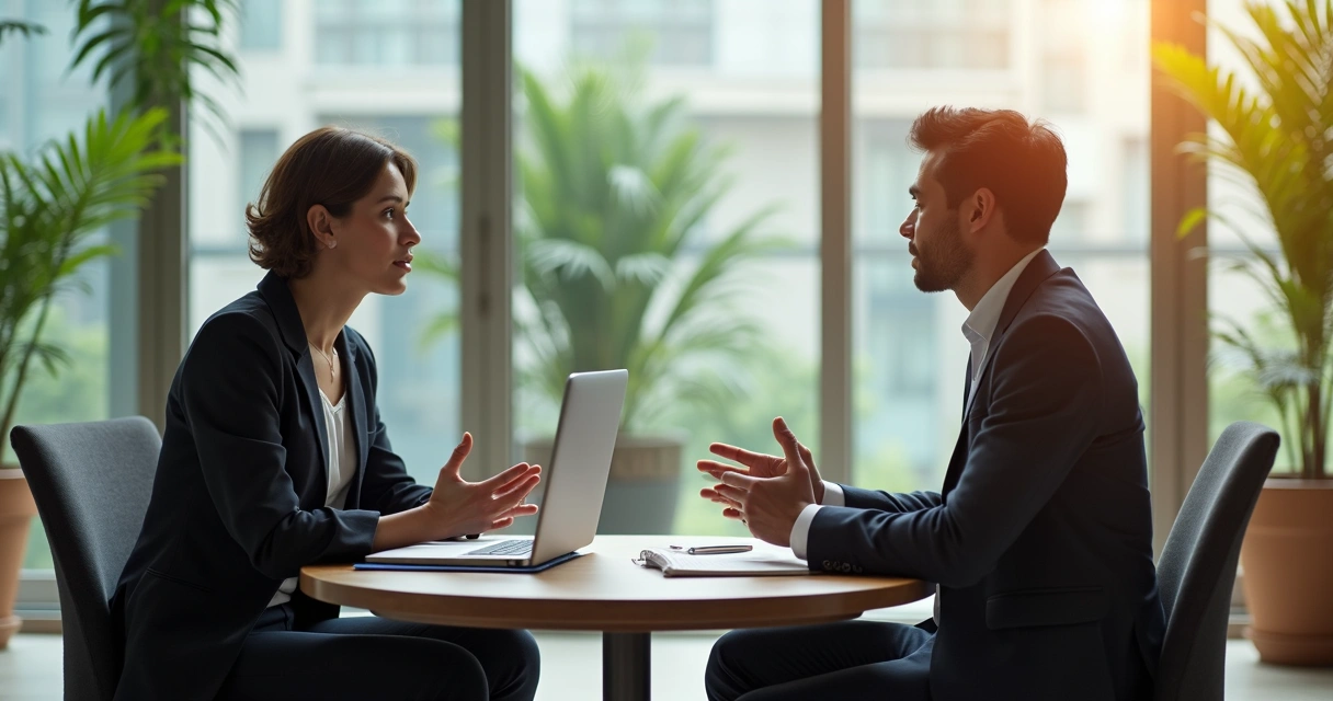 Líder e profissional conversando em reunião individual no escritório 
