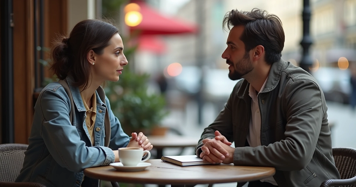 Duas pessoas conversando, com linguagem corporal que indica respeito mútuo e escuta ativa.