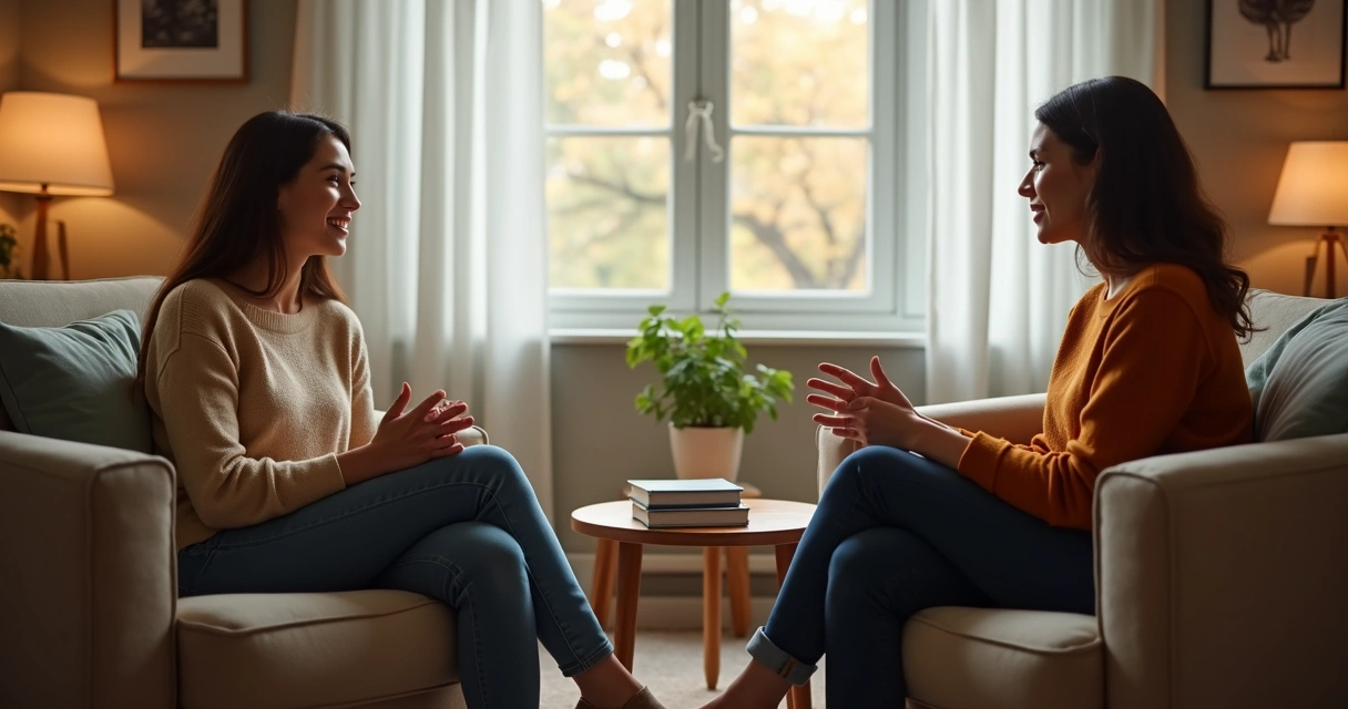 Duas pessoas conversando em uma sala aconchegante, conversando calmamente 