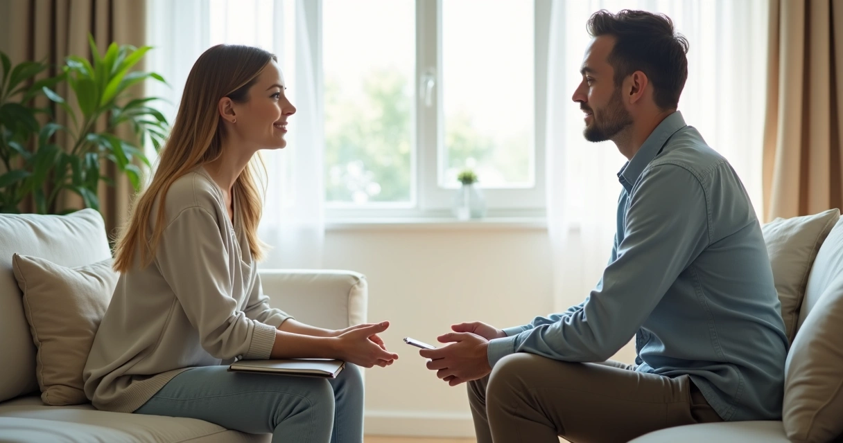Casal conversando com calma em sala clara 
