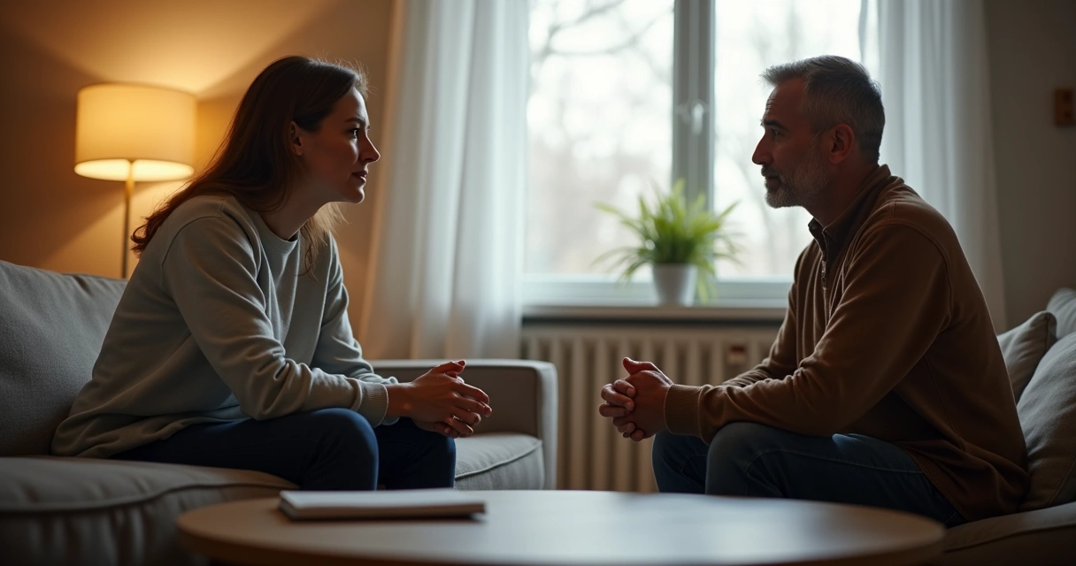 Duas pessoas conversando com atenção em ambiente tranquilo 