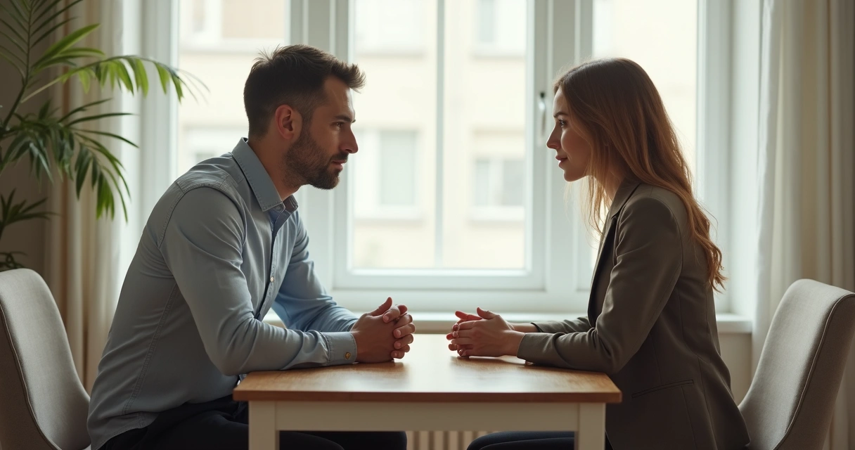 Duas pessoas conversando sentadas à mesa, demonstrando diálogo honesto e respeito mútuo. 