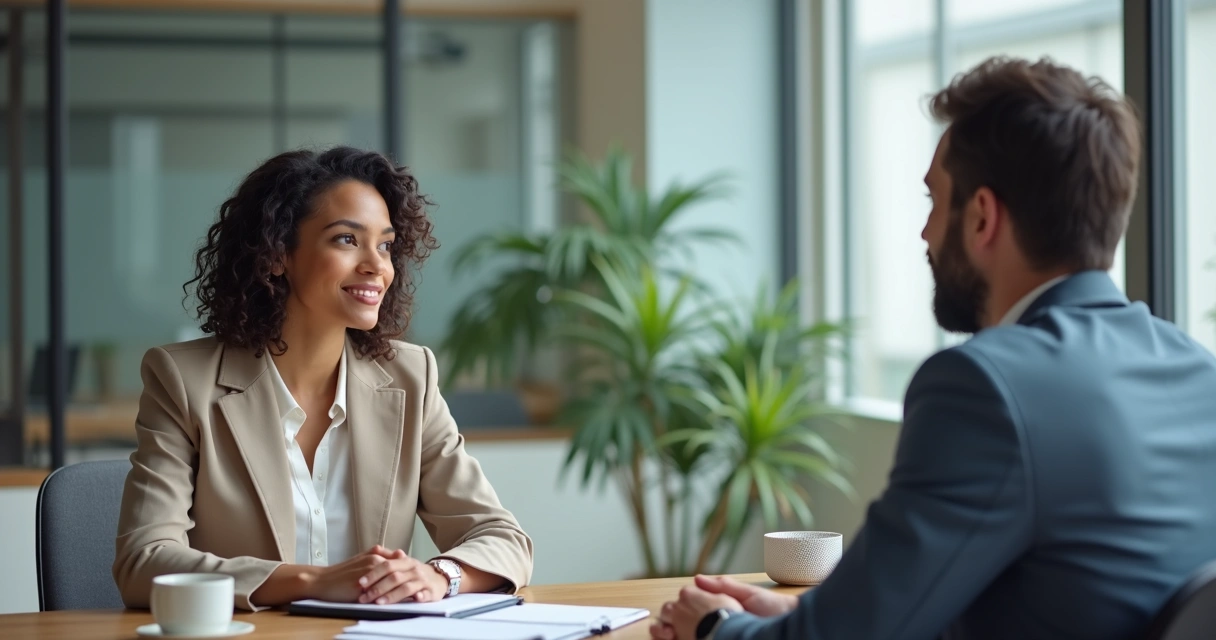Profissional conversando com gestor em escritório 